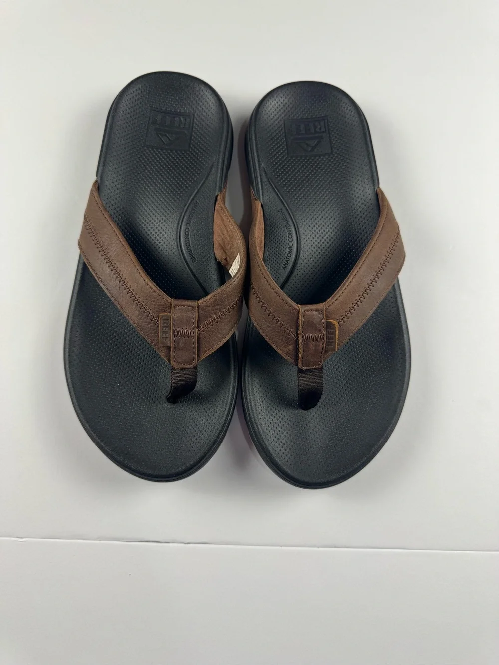 Reef Men's Brown and Black Leather-Style Flip Flops